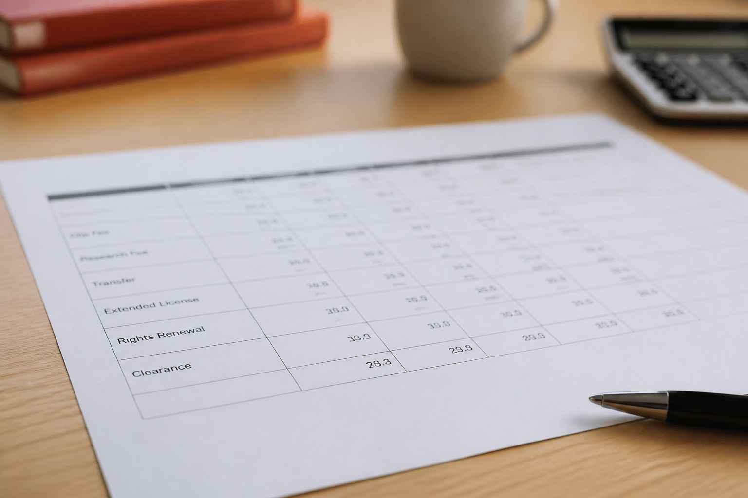 Footage budget worksheet with rows for clip fee, research fee, transfer, extended license, rights renewal and clearance.